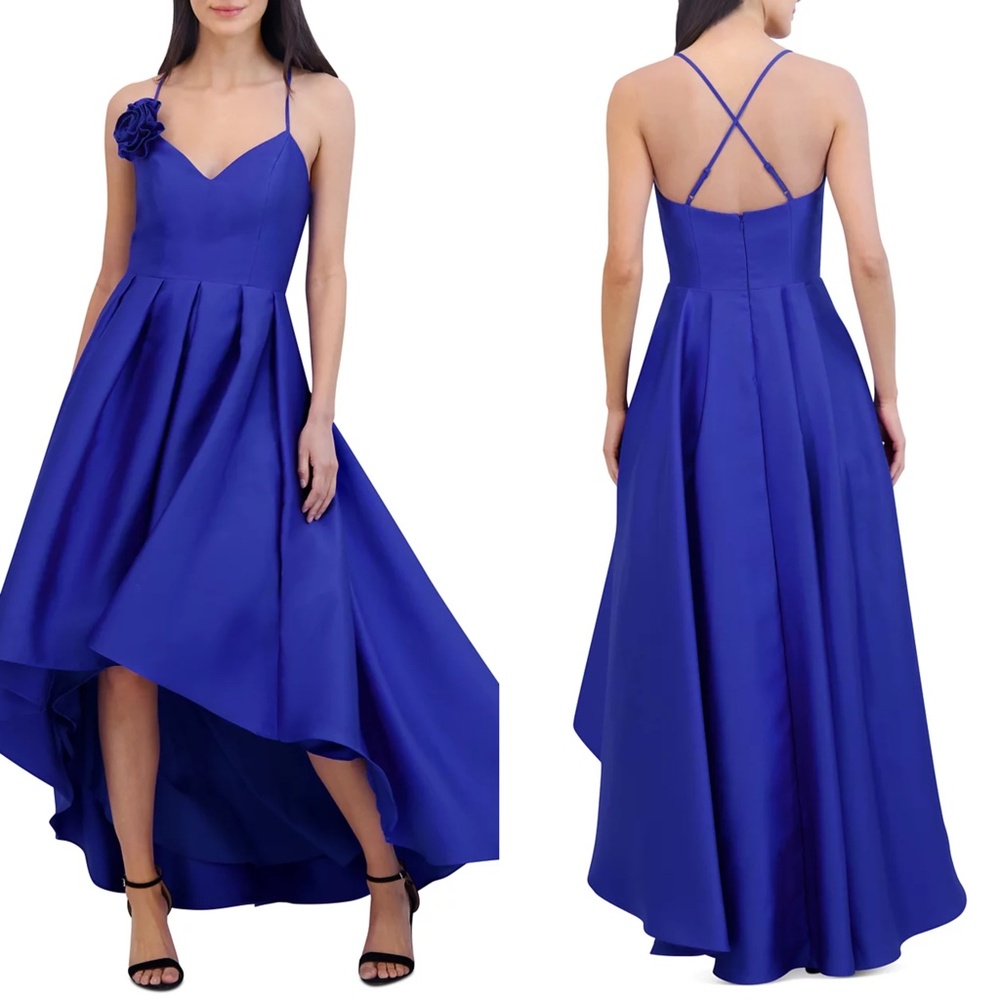 NEW ELIZA J Cobalt Blue ROSETTE Accent V-NECK Sleeveless PLEATED High-Lo GOWN 14